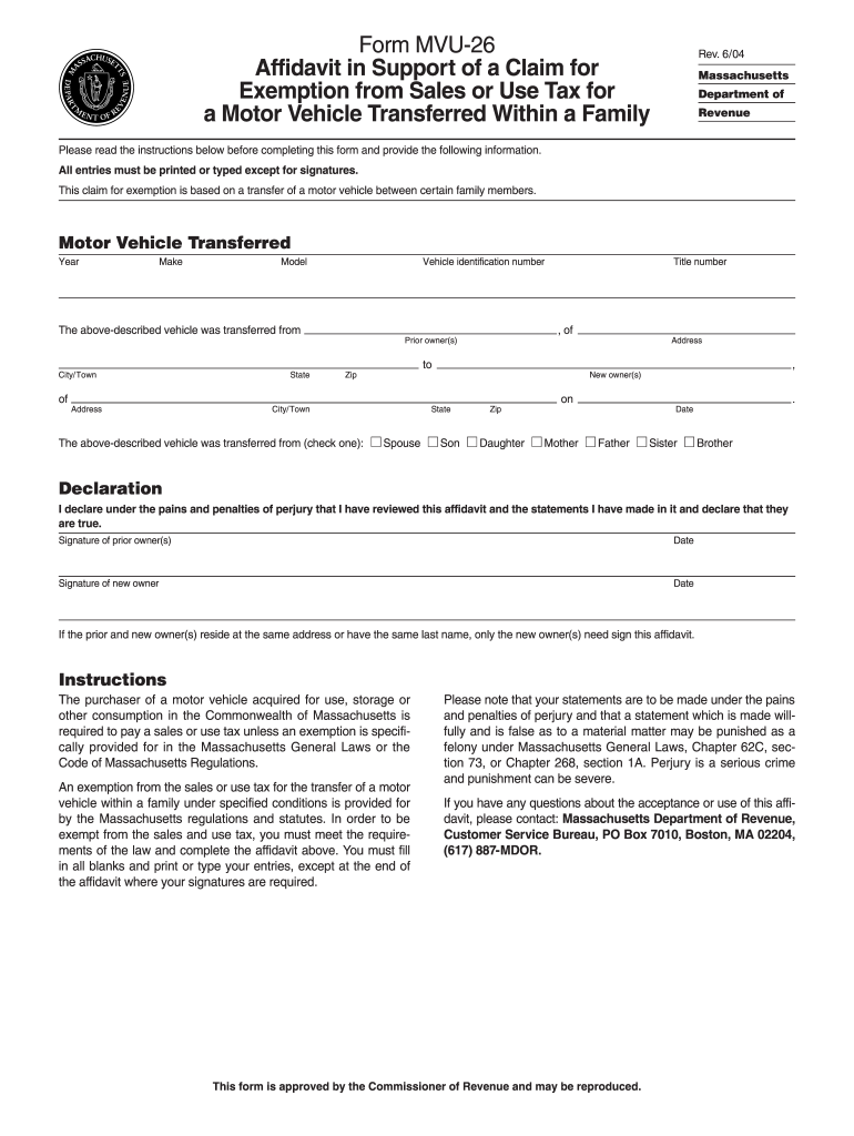 2004 2021 Form MA DoR MVU 26 Fill Online Printable Fillable Blank 