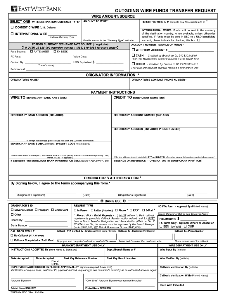 2014 2021 Form East West Bank Outgoing Wire Funds Transfer Request Fill