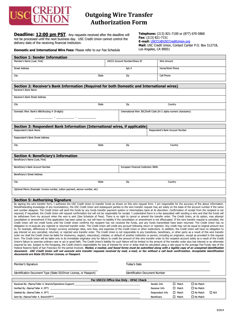 2014 USC Credit Union Outgoing Wire Transfer Authorization Form Fill