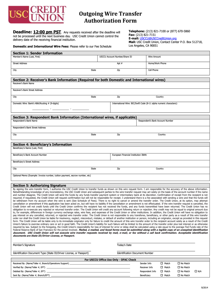 2014 USC Credit Union Outgoing Wire Transfer Authorization Form Fill 