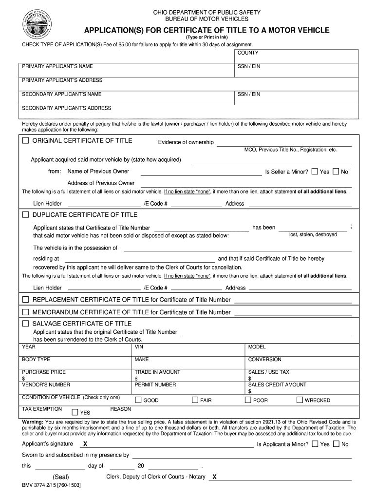 2015 2019 Form OH BMV 3774 Fill Online Printable Fillable Blank 