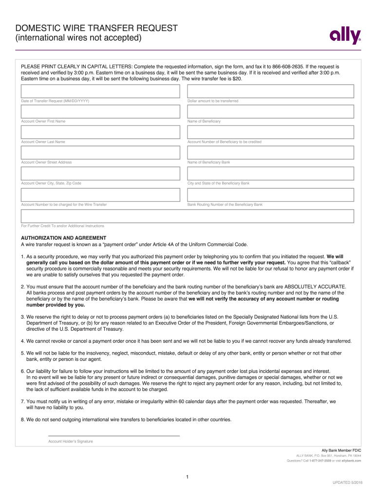 2016 Form Ally Domestic Wire Transfer Request Fill Online Printable 