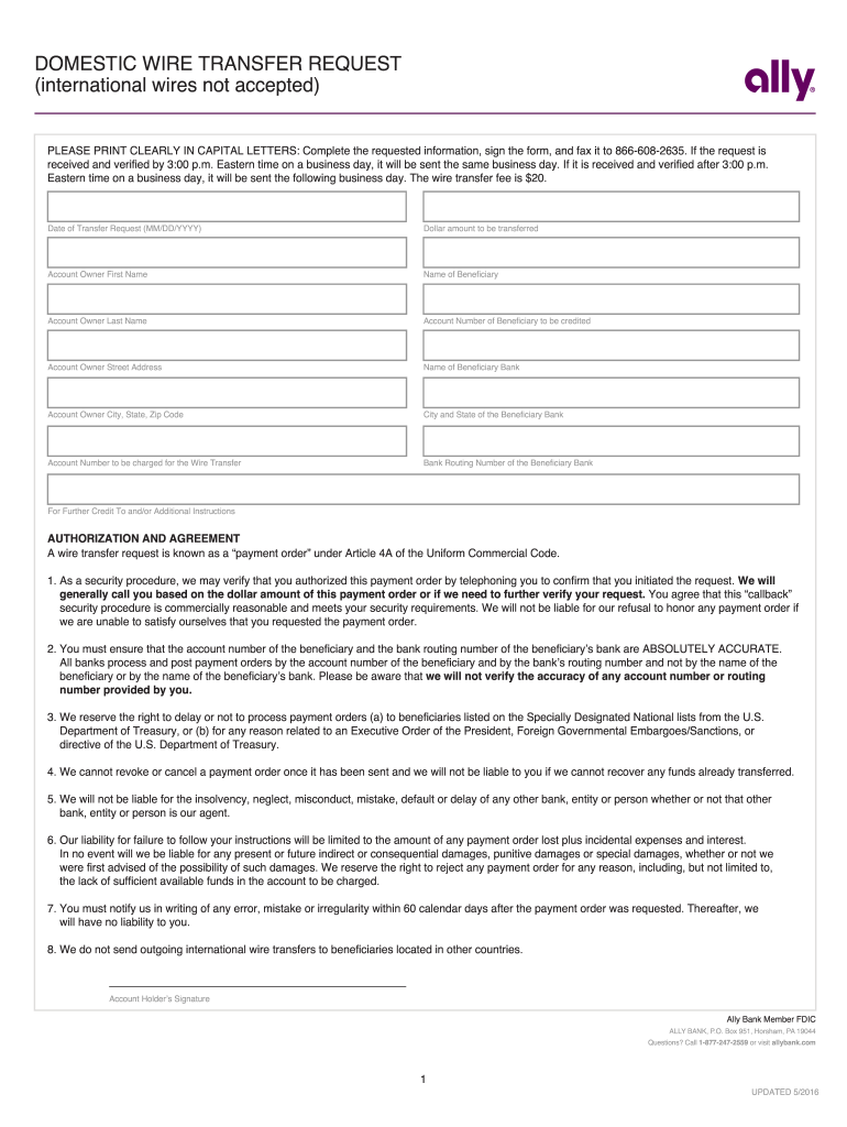 2016 Form Ally Domestic Wire Transfer Request Fill Online Printable