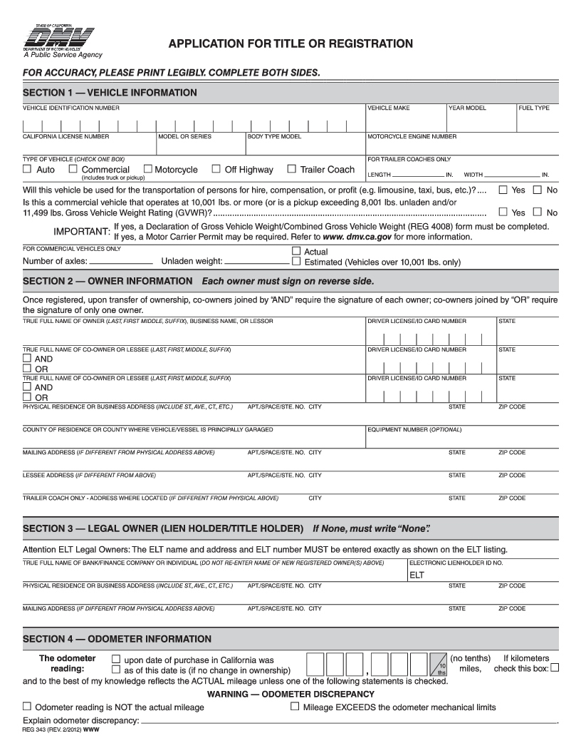 4X4 Transfer Case Vehicle Vessel Transfer And Reassignment Form Reg 262