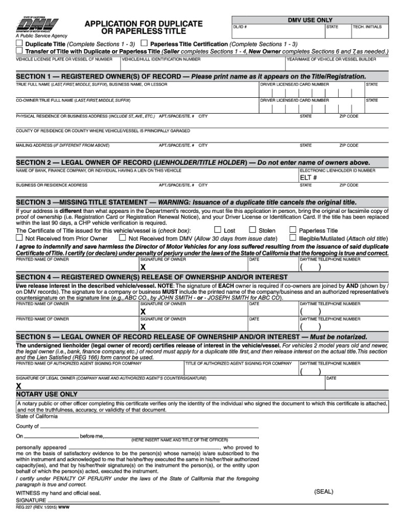 APPLICATION FOR DUPLICATE OR PAPERLESS TITLE REG 227 PDF