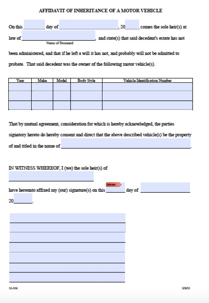 Arkansas Affidavit Of Inheritance Motor Vehicle Affidavit Forms