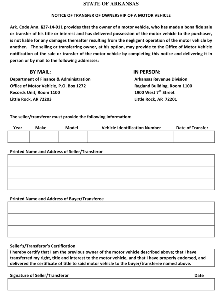 Arkansas Notice Of Transfer Of Ownership Of A Motor Vehicle Download