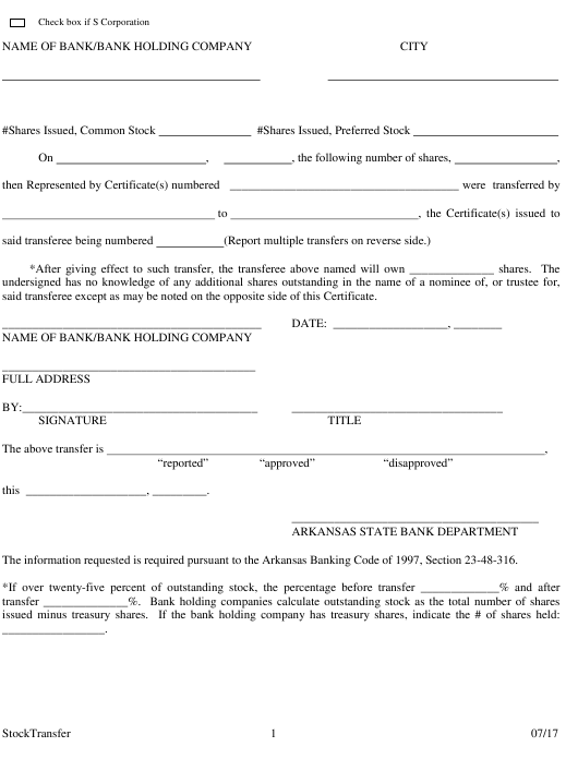 Arkansas Stock Transfer Certificate Form Download Printable PDF 