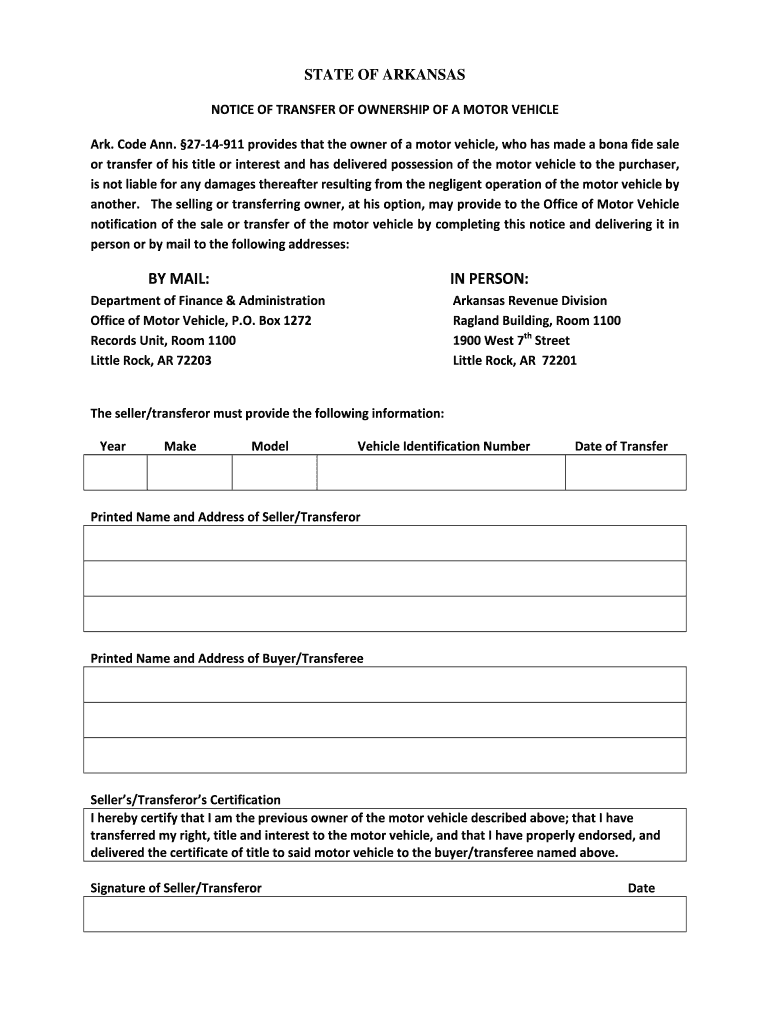 Arkansas Title Transfer Form Fill Online Printable Fillable Blank 