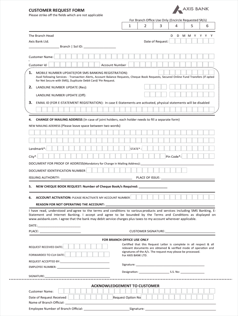 Axis Bank Customer Request Form Fill And Sign Printable Template 