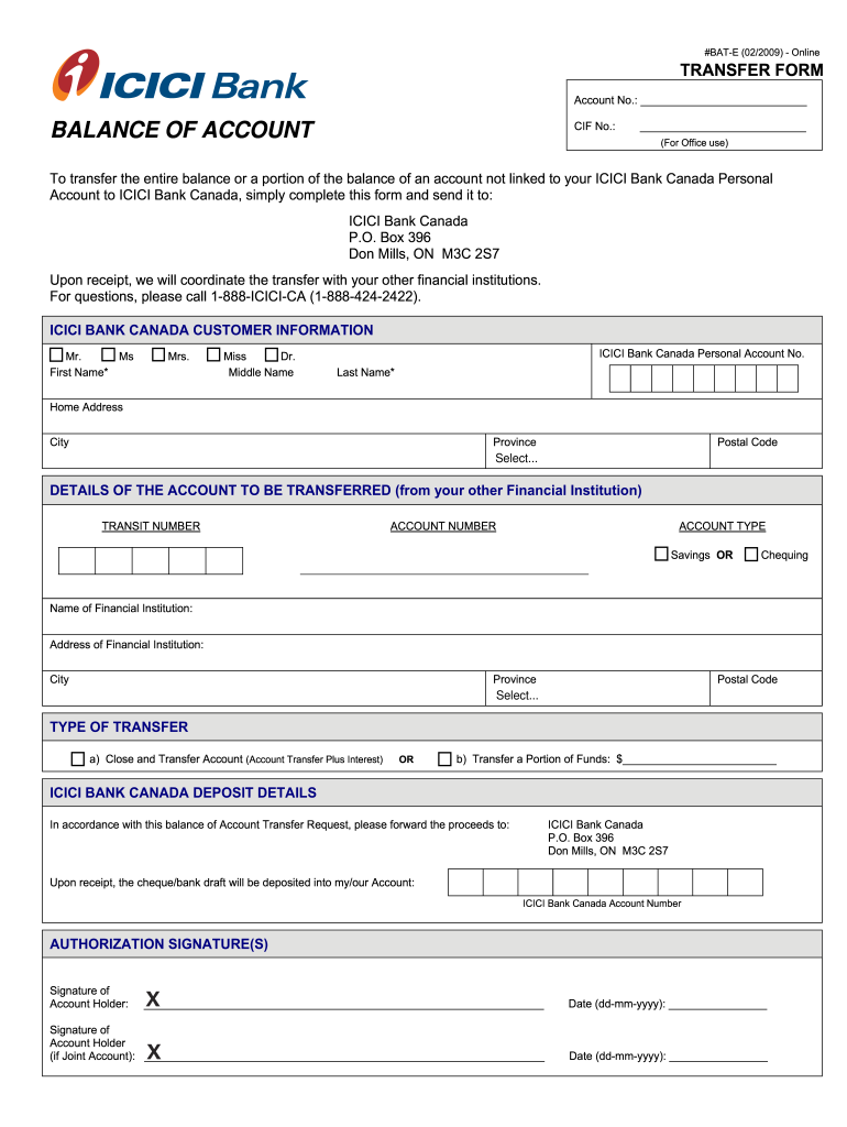 Balance Of Account Tranfer Form ICICI Bank Fill Out And Sign 