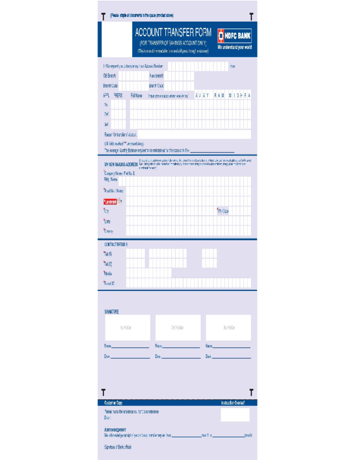 Bank Account Transfer Form HDFC BANK Free Download