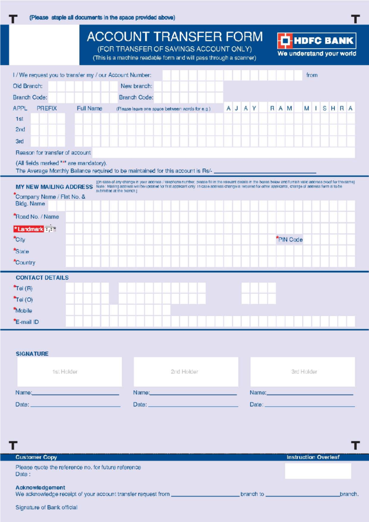 Bank Account Transfer Form HDFC BANK Free Download