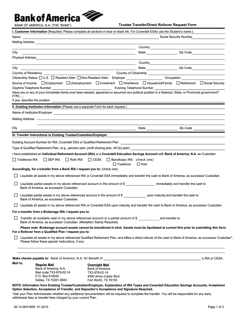 Bank Of America 00 14 9031M 2014 Fill And Sign Printable Template