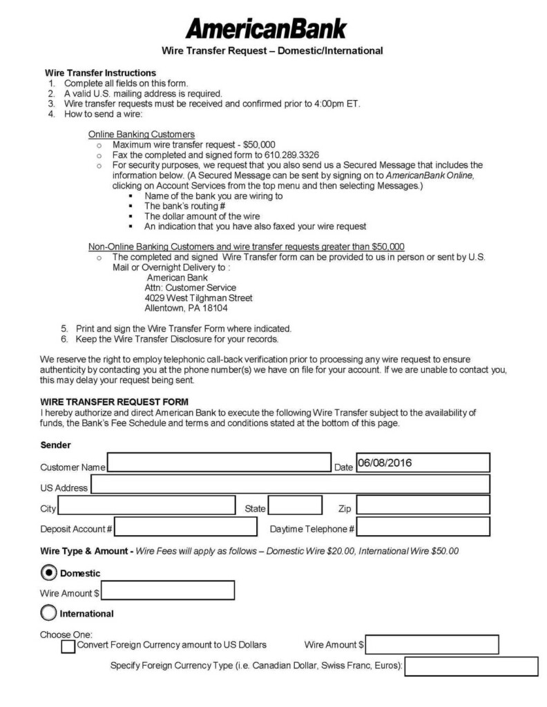 Bank Of America Wire Transfer Form PDF 2020 2021 EduVark