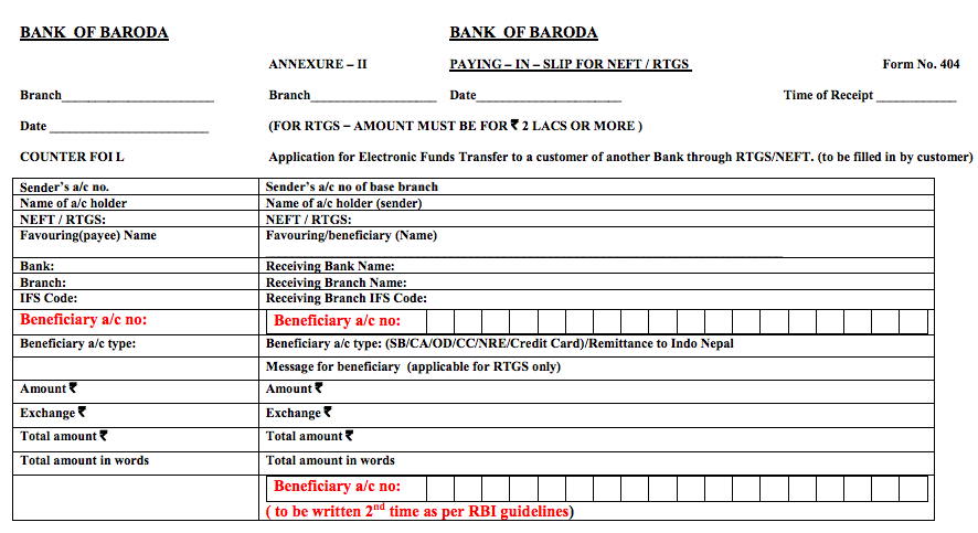 Bank Of Baroda NEFT Form 2021 Timing Charges Process