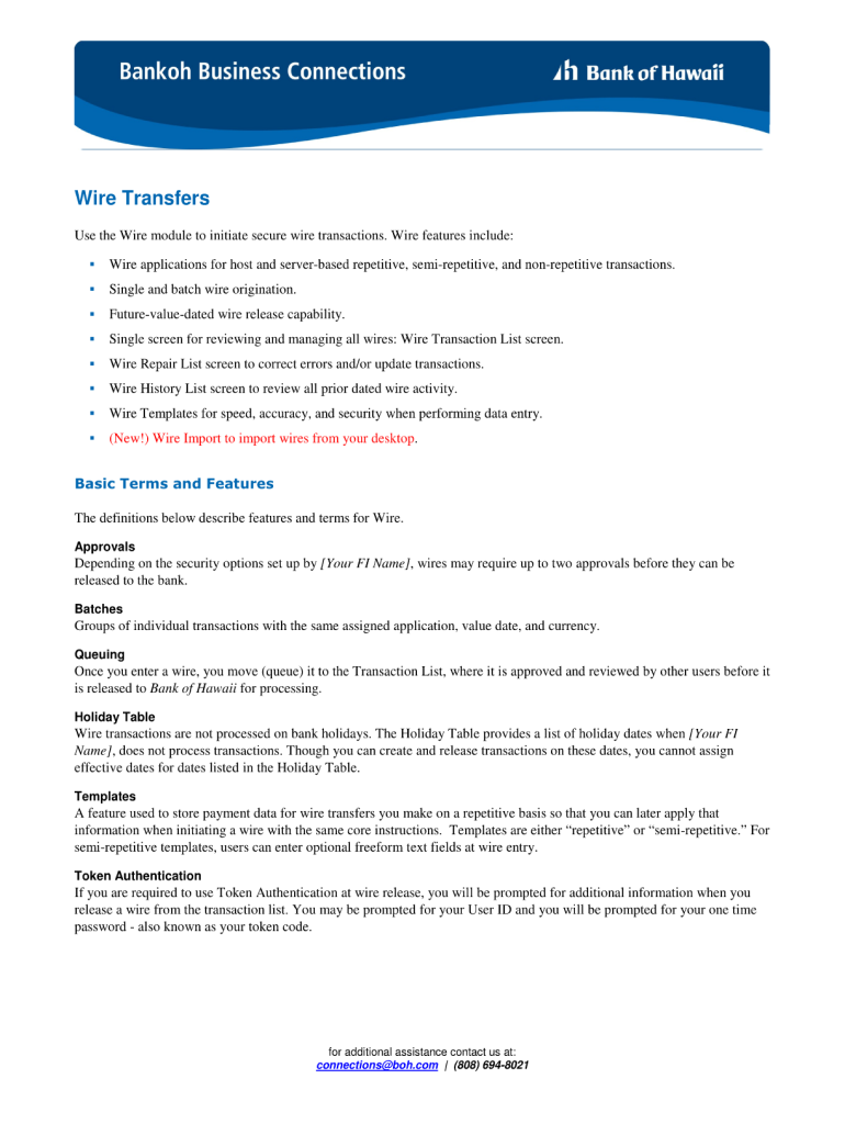 Bank Of Hawaii Wire Transfer Request Form Fill Online Printable 