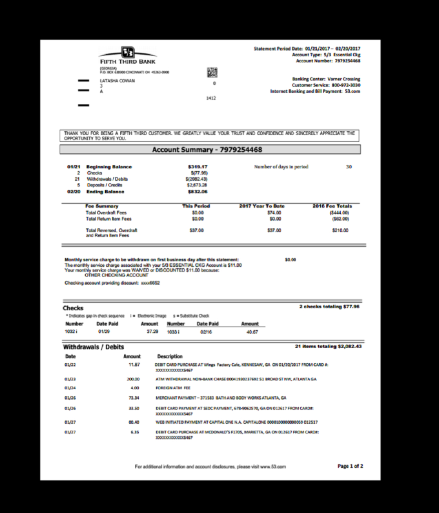 Bank Statement Fifth Third Template Proof Of Income For Credit Card 