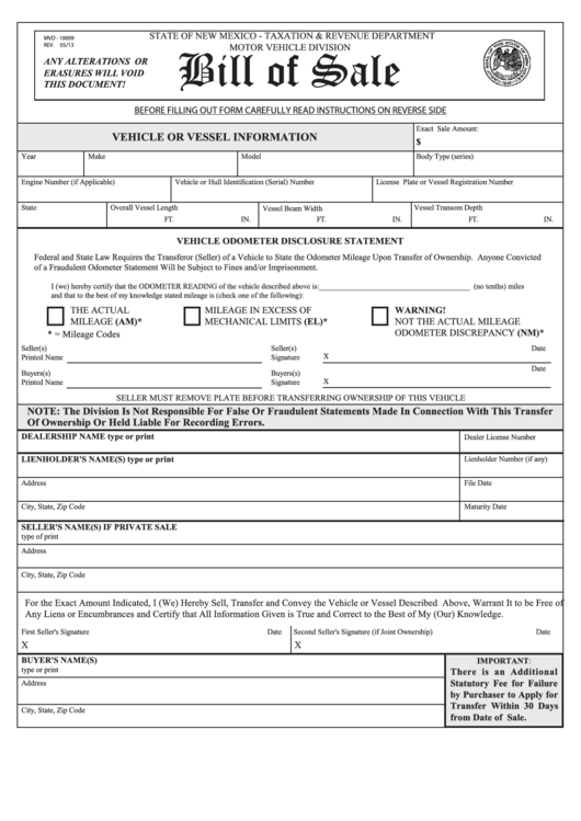 Bill Of Sale Vehicle Or Vessel Template New Mexico Motor Vehicle 