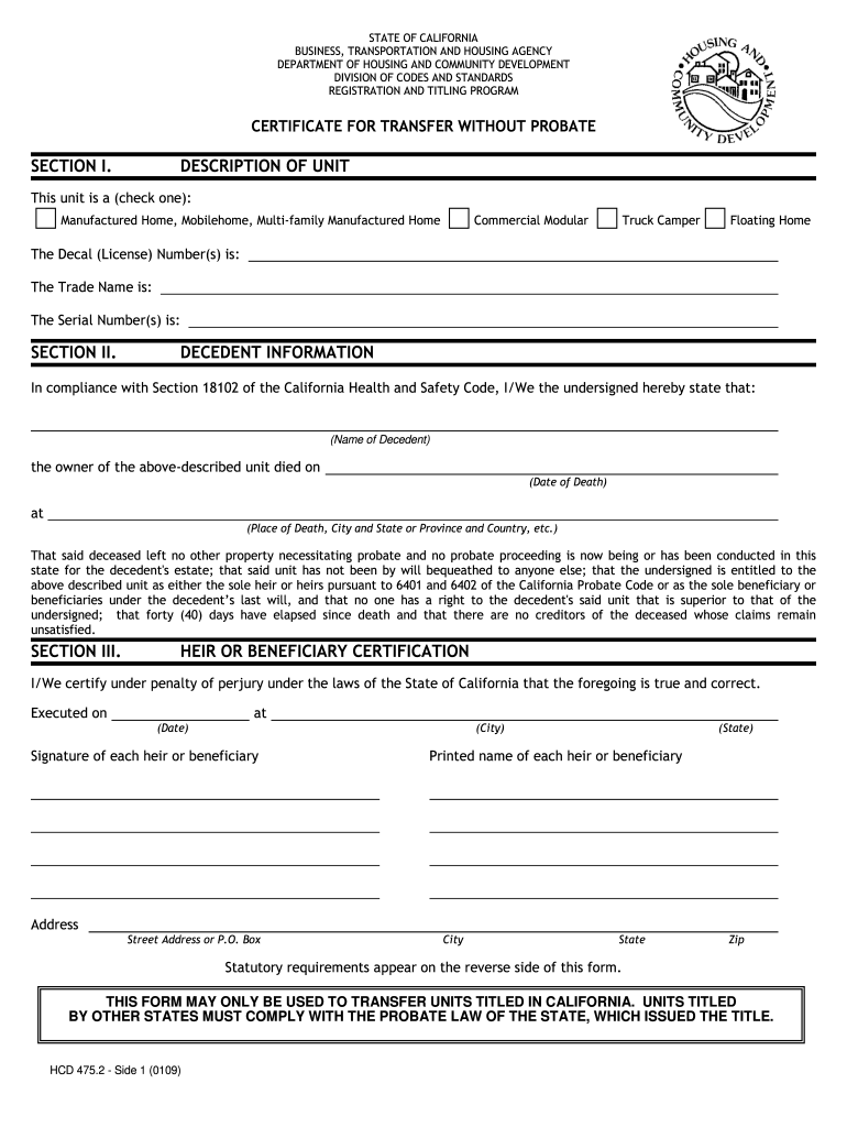 California Mobile Home Transfer On Death Fill Out And Sign Printable 