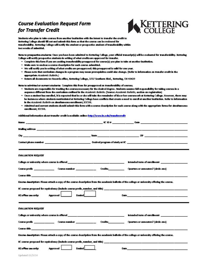 COURSE EVALUATION REQUEST FORM TRANSFER CREDIT 032014 Kettering College