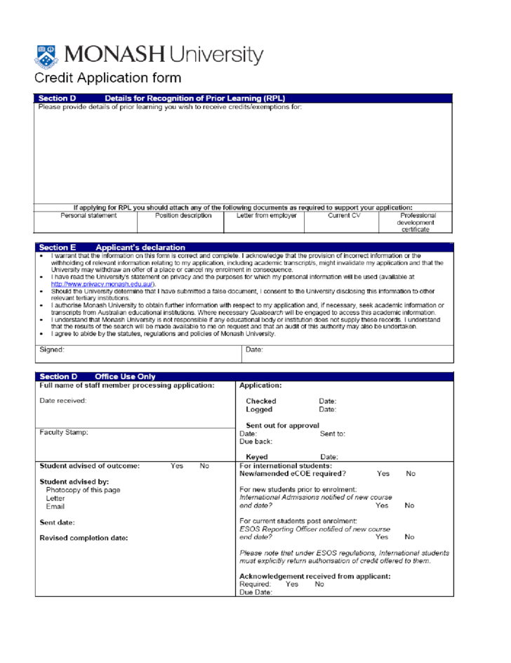 Credit Application Form Monash University Free Download