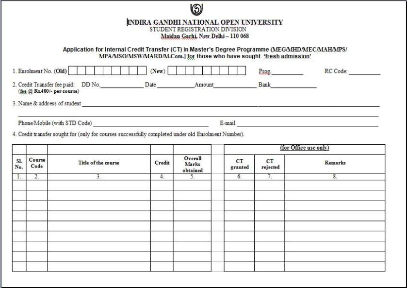 Credit Transfer Form IGNOU 2020 2021 Student Forum