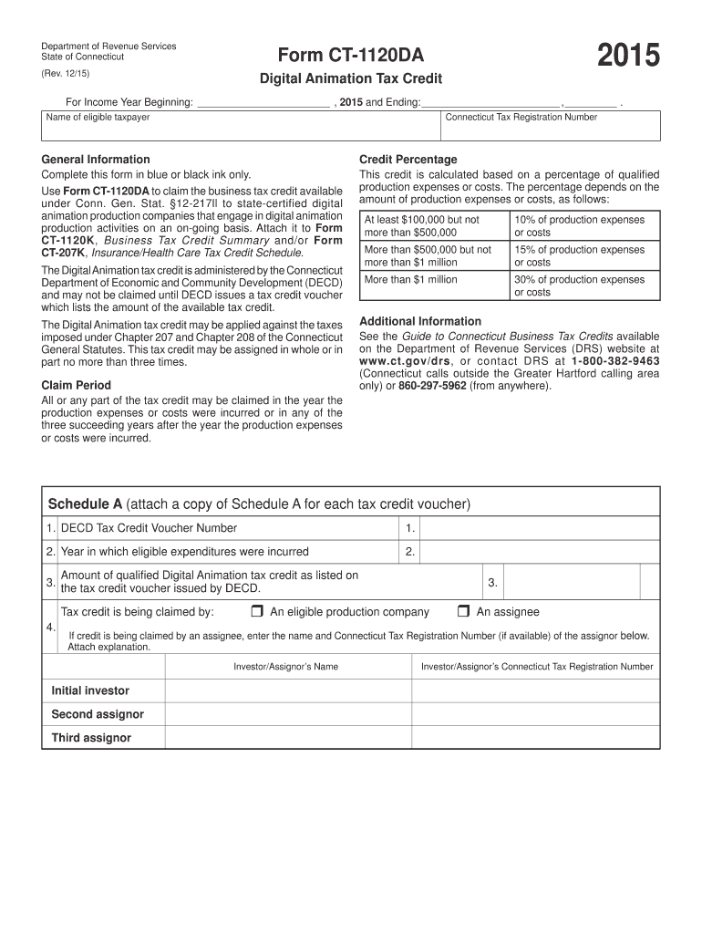 CT DRS CT 1120DA 2015 Fill Out Tax Template Online US Legal Forms