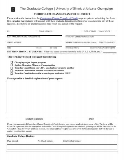 Curriculum Change Transfer Of Credit Form The Graduate 