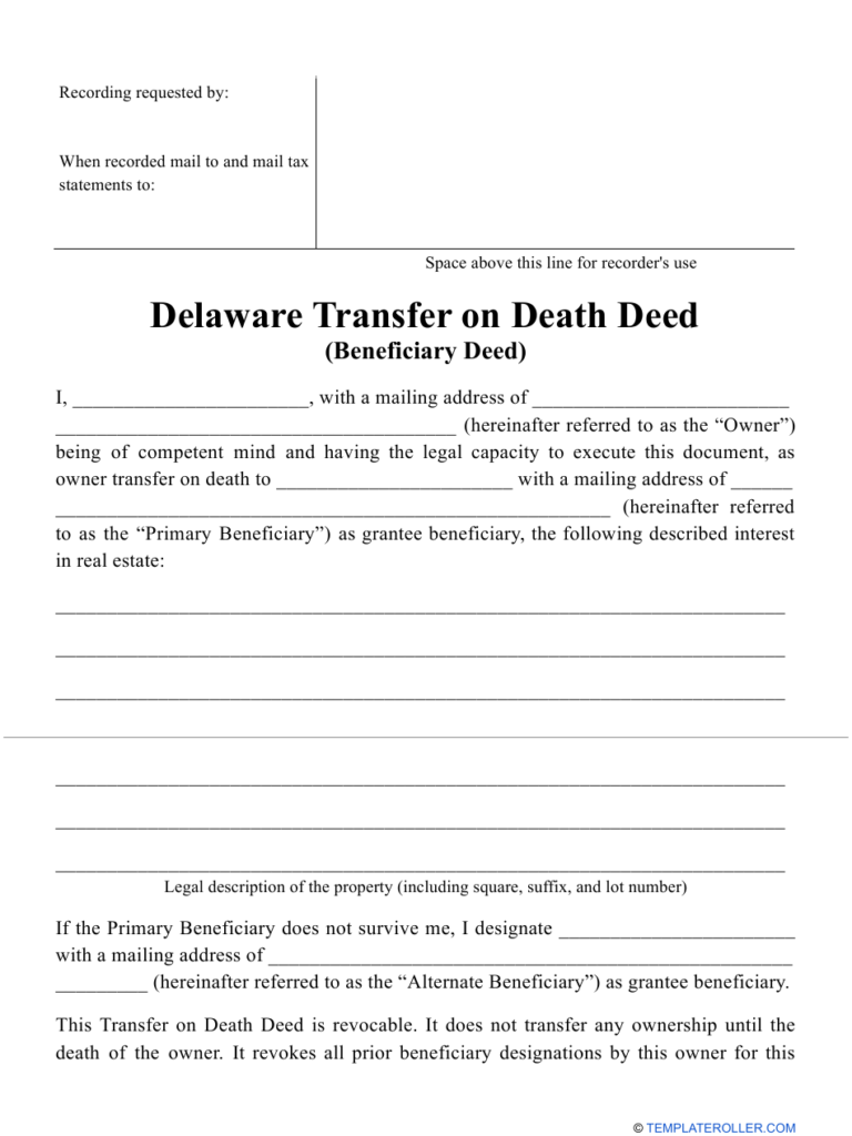 Delaware Transfer On Death Deed Form Download Printable PDF 