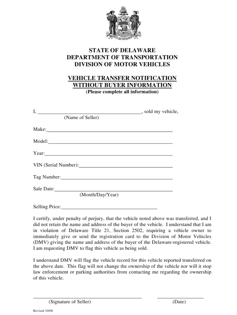 Delaware Vehicle Transfer Notification Without Buyer Information 