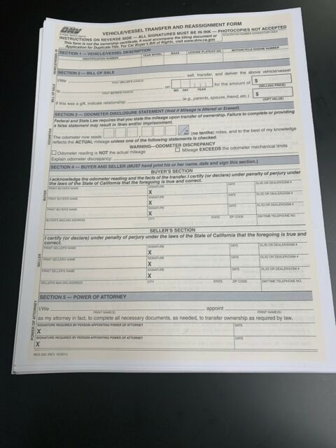 DMV REG 262 Form Pack Of 25 Vehicle Vessel Transfer And Reassignment 