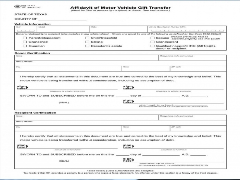 DMV Transfer Of Ownership Form Affidavit Of Motor Vehicle Gift Transfer 