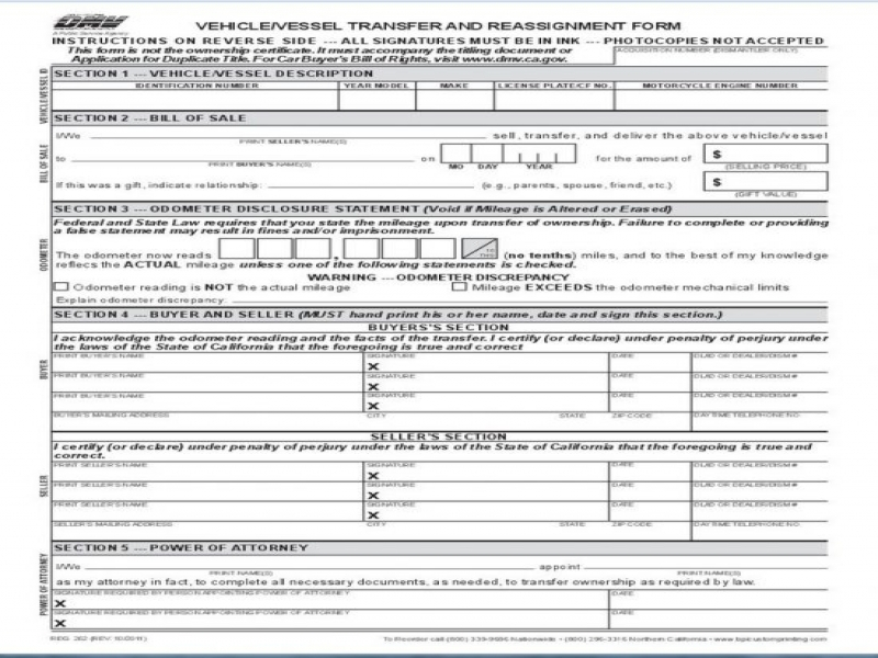 DMV Transfer Of Ownership Form Dmv Vehicle Vessel Transfer And 