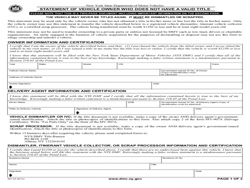 DMV Transfer Of Ownership Form Form Mv 35 Statement Of Vehicle Owner