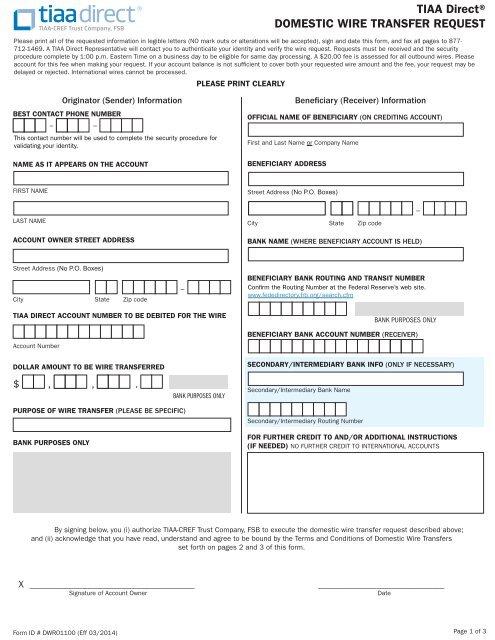 Domestic Wire Transfer Form PDF TIAA CREF