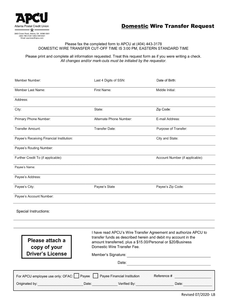 Domestic Wire Transfer Request Form Atlanta Postal Credit Fill Out 