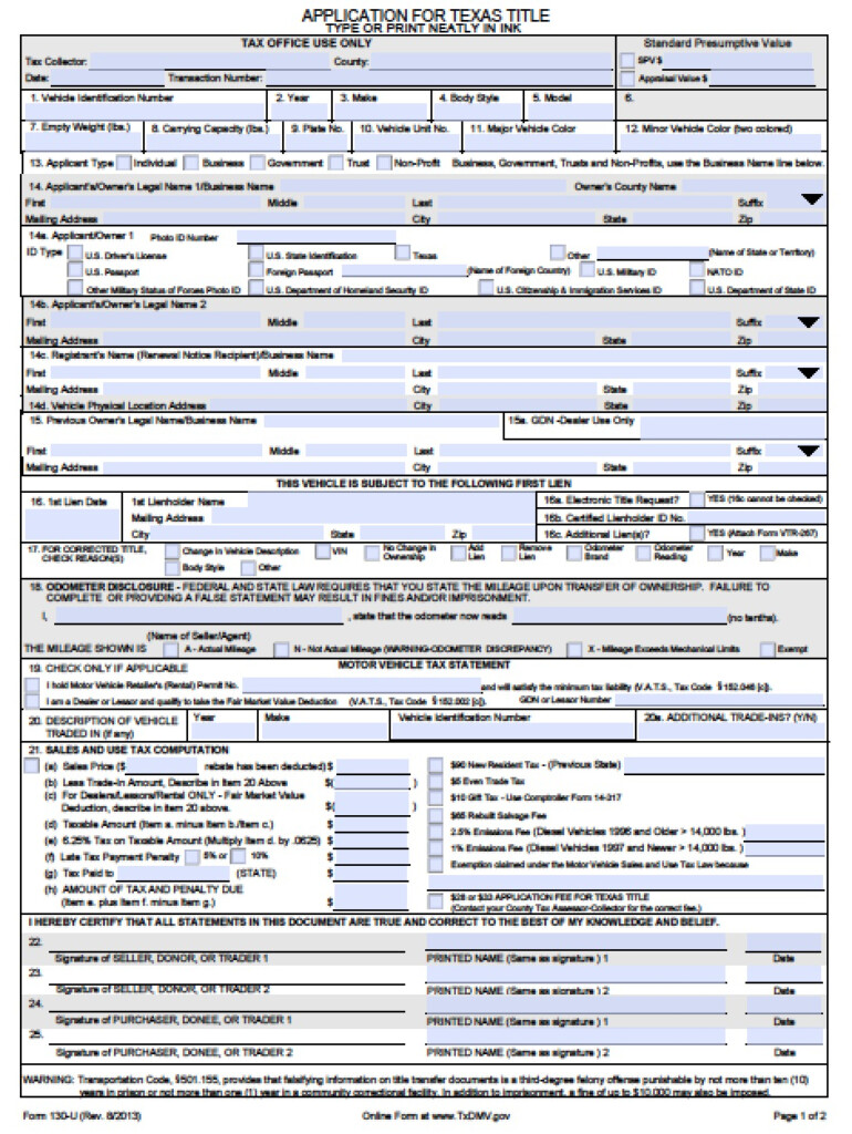 Download Texas Form 130 U PDF Template
