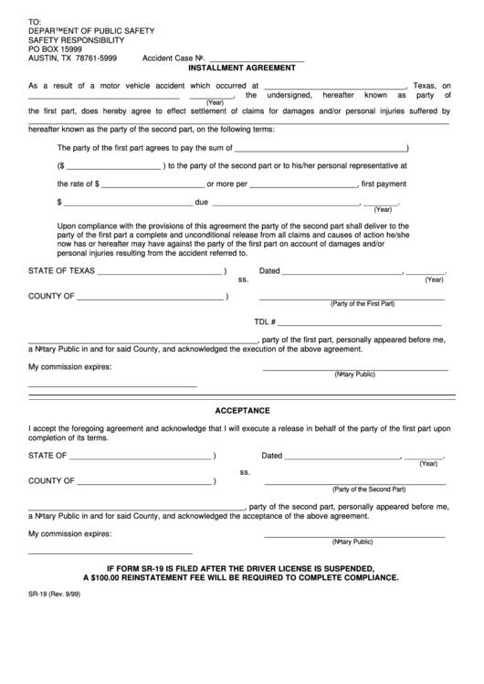 Dps Form Sr 19 Installment Agreement Texas Printable Pdf Download