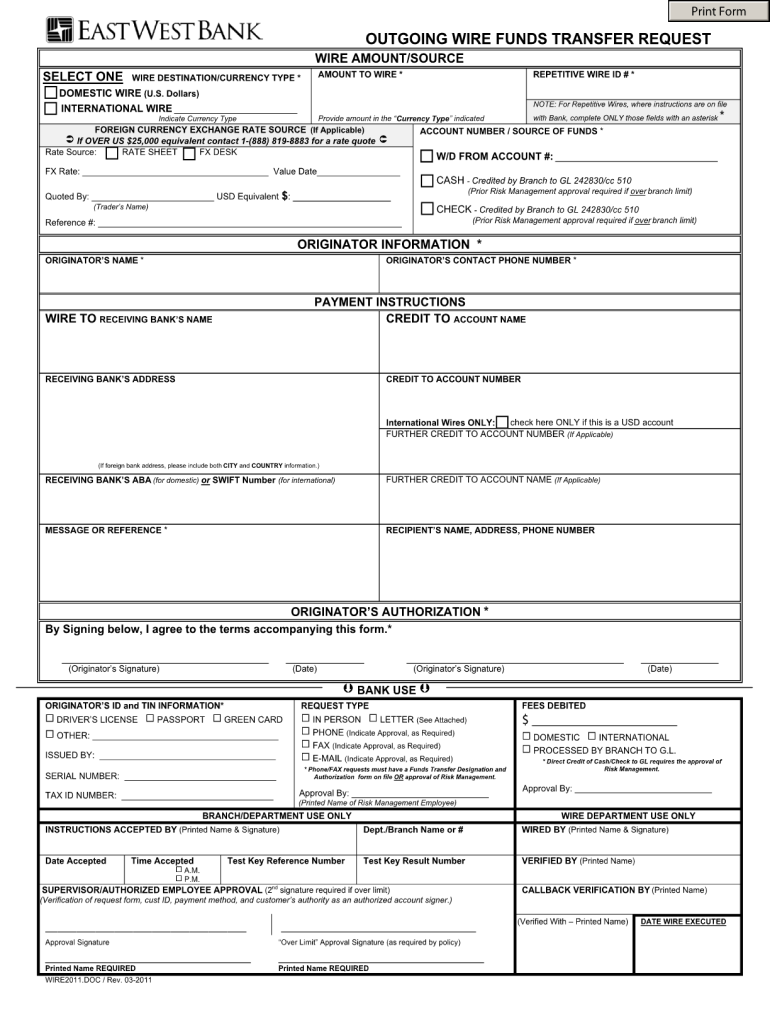 East West Bank Outgoing Wire Funds Transfer Request 2011 Fill And 