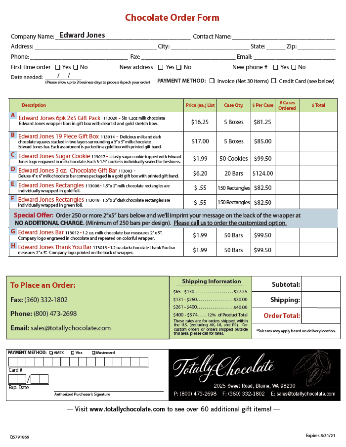 Edward Jones Order Form Totally Chocolate