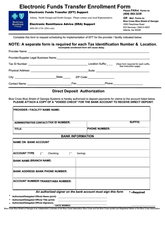 Electronic Funds Transfer Enrollment Form Printable Pdf Download