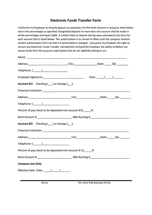 Electronic Funds Transfer Form Printable Pdf Download