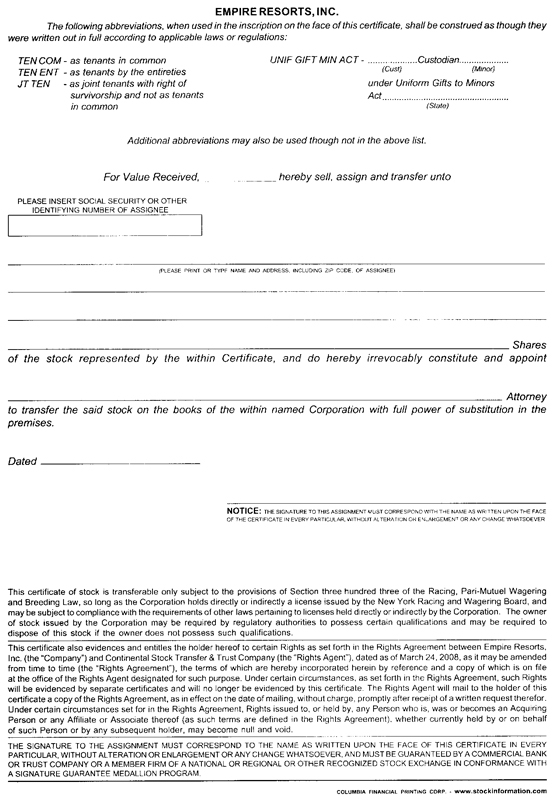 EMPIRE RESORTS INC FORM 10 K EX 4 1 FORM OF COMMON STOCK 