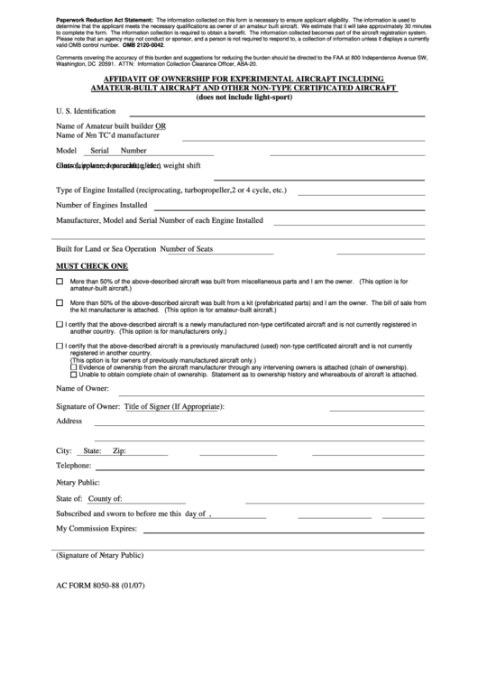 Fillable Ac Form 8050 88 2007 Affidavit Of Ownership For Experimental 