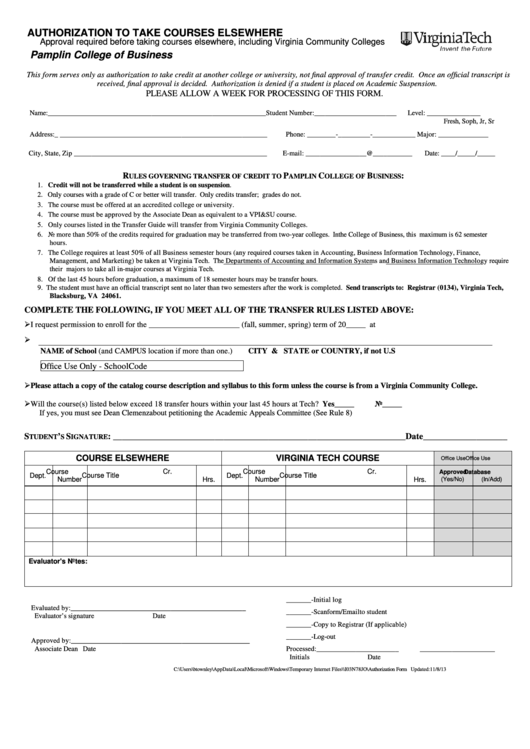 Fillable Authorization To Take Courses Elsewhere Form Printable Pdf