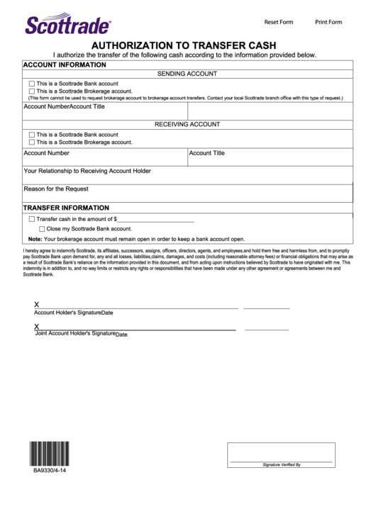 Fillable Authorization To Transfer Cash Form Printable Pdf Download