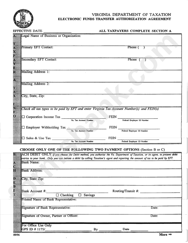 Fillable Electronic Funds Transfer Authorization Agreement Form 