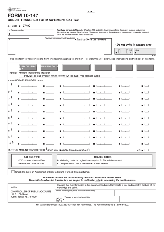 Fillable Form 10 147 Credit Transfer Form For Natural Gas Tax