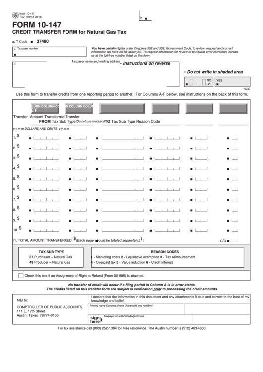 Fillable Form 10 147 Credit Transfer Form For Natural Gas Tax 